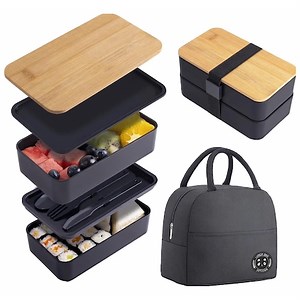 Caserola pentru mancare, lunch box, Maluvi Soul, cutie alimentara, bento box din bambus, cu geanta termo-izolanta pentru transport, set tacamuri bambus inclus, capacitate 1200 ml, negru 19 X 11 X 11 cm - eMAG.ro
