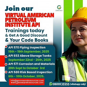ARE YOU IN PORT HACOURT??? 🚨 Join Our Virtual API Trainings Today! 🚨 Get Certified • Get Discounts • Get Your Code Books Are you ready to boost your career in the oil & gas industry? Don’t miss this opportunity to enroll in Virtual American Petroleum Institute (API) Trainings with Gennesaret Resources. 📅 Upcoming Training Dates: ✅ API 570 – Piping Inspection: 15th – 19th September, 2025 ✅ API 653 – Above Storage Tanks: 22nd – 26th September, 2025 ✅ API 571 – Corrosion & Materials: 29th Septem