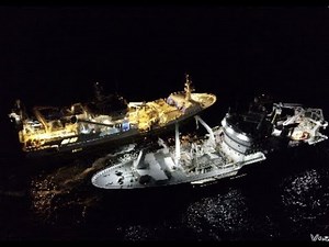 Norwegian fishing boats Herøyhav and Teigenes at the fishing field.