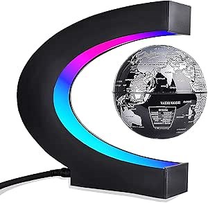 C Shape Magnetic Floating Globe with LED Lights World Map Globe Unique Learning Education Gifts for Teaching Demo Home Office Desk Decoration (Silver)