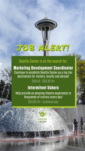 ⛲ Seattle Center is recruiting for a dynamic marketing development professional with proven knowledge and experience to create, manage and execute traditional and digital marketing programs and strategies that meet organizational objectives, build brand awareness, drive event attendance, and build new business partnerships to extend reach and generate revenue. Learn more: https://www.governmentjobs.com/careers/seattle/jobs/4547634/marketing-brand-development-specialist-marketing-development-coor