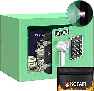 KOFAIR Safe Box for Home(0.23 Cubic Feet) with Fireproof Bag, Personal Money Safe for Cash Saving, Mini Safe Box with Key, Digital Safety with Light, Money Lock Box (Green)