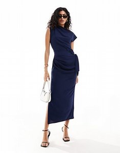 ASOS DESIGN drape waist midi dress with wrap skirt in navy | ASOS