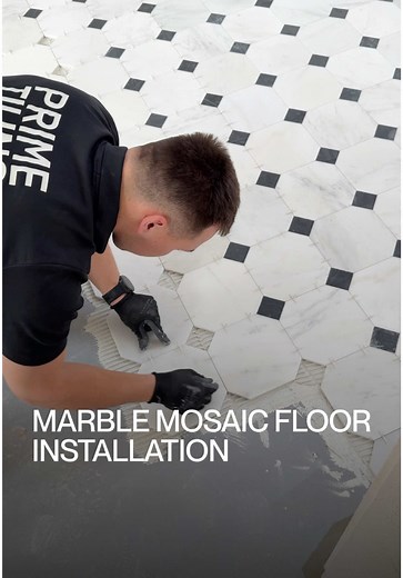 Installation of a mosaic entryway floor made of natural marble as part of our new project—a custom home in Etobicoke by Leprevo Design Build. Working with marble requires a special approach and expertise, from applying a specialized sealer to protect the surface from staining and discoloration to many other precise details that ensure a flawless result and long-lasting durability. Looking for professional marble installation services? Contact us via DM or visit our website in the bio! #PrimeTili