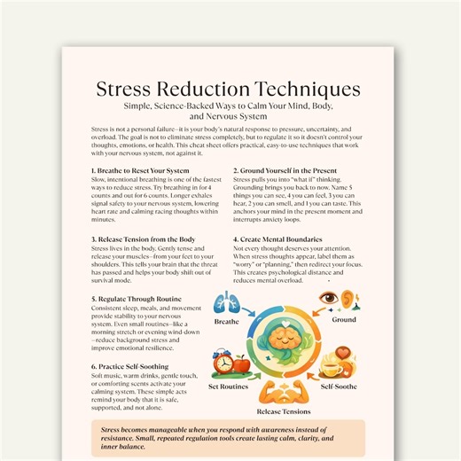 Stress Reduction Techniques Cheat Sheet, Nervous System Regulation and Anxiety Relief - Etsy Australia