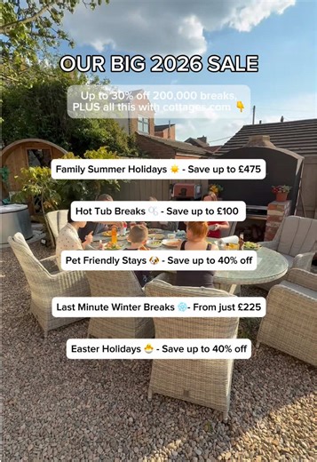You deserve a cottage holiday, and whilst we’re offering up to 30% off on over 200,000 breaks, there’s no better time to book one! 🏠 Any break, any date - PLUS so much more 💚 Book your next break now via the link in bio 🔗 #ukstaycation #uktravel #hottub #dogfriendly #familystaycation