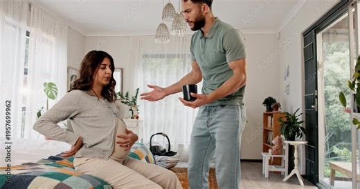 Frustrated couple, woman and pregnant stress on bed in home with back pain, mood swings and hormones. Pregnancy, people and support with discomfort, uncomfortable and maternity backache in apartment
