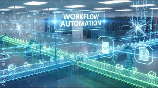 Workflow automation concept with digital icons moving on a holographic conveyor belt through a server room data center.
