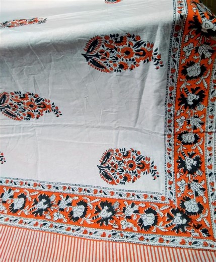Cotton Tablecloth – White With Bold Orange Floral Design – Handprinted Table Cover - Etsy