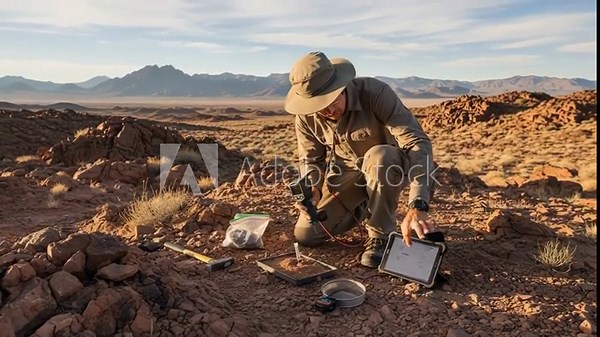 Scientist operating portable geological instruments on rocky terrain to analyze soil composition for mineral resources.