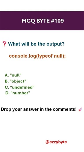 JavaScript MCQ #109 🔥 | typeof null Output Explained #mcqs #javascript