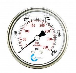 2" Pressure Gauge, Stainless Steel Case, Chrome Plated Brass Connection, Liquid Filled, 0-5000 psi/kPa, Back Mount 1/4" NPT