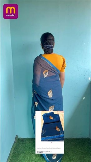 Meesho Blue Golden Leaf Embroidered Soft Saree with Designer Border