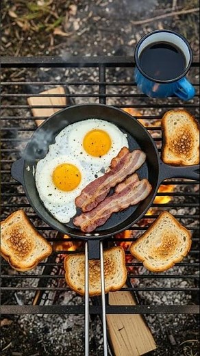 Campfire Breakfast Cooking – Bacon, Eggs & Toast Over Open Fire Outdoor Cooking ASMR