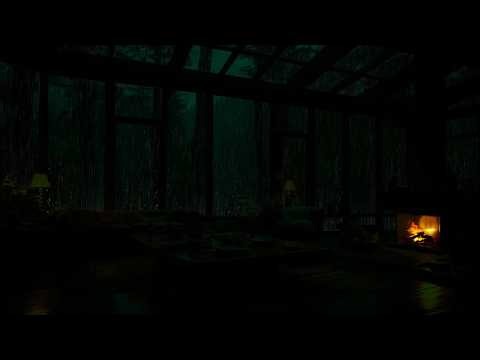 [NO ADS] Sleep Instantly 😴 Rainy Night in a Forest Glass Cabin 🌧️ Fireplace Sounds for Deep Sleep