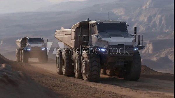 Autonomous mining trucks operating in a remote industrial site with AI safety monitoring, emotion of precision and reliability visible, representing smart heavy-duty automation, AI-controlled