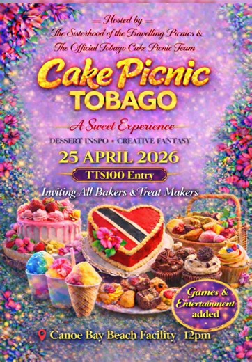 Pretty girls, grab your cakes we’re outside again! 🍰🌸✨ . The Tobago Cake Picnic 2 – A Sweet Experience is back and it’s giving sugar, softness & island glam 💕 Think gorgeous cakes, sweet-hand magic and a whole lot of main character energy. We’re calling all bakers and sweet creators this is your moment to show off them skills, baby 👏🏽✨ 📅 April 25th 📍 Canoe Bay Beach Facility ⏰ 12PM Bring: 🧺 Your picnic blanket 🎂 Your cake or sweet treat 💅🏽 Your cute self Entry: $100 your treat Expect 