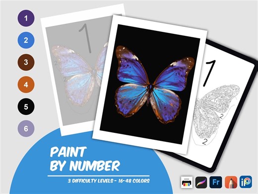 Blue Morpho Butterfly Paint by Number Printable, Adult Coloring Page (16-48 Colors) - Etsy