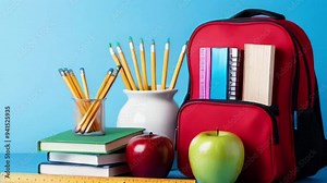 School bag with education supplies, concept of welcome back to school, Backpack, vector design, text written, alarm clock, banner, poster, flyer, new session, created with generative ai