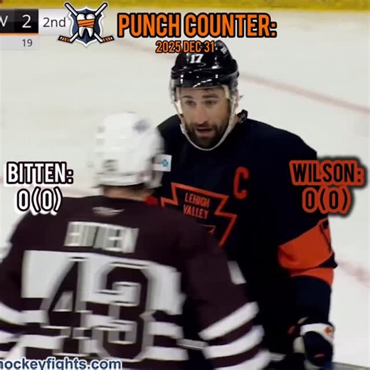 a #HFpunchcounter to remind you we cover more than the NHL… Sam Bitten 🆚 Garrett Wilson tilt • 2025 DEC 31 • #AHL Rate it and more: hockeyfights.com/fights/n272624 #hersheybears #lehighvalleyphantoms AHL, OHL, WHL, SPHL, and QMJHL tilts on site Punch count by Dan | hockeyfights.com