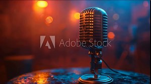 This classic microphone on a stage with colorful lights. Podcast and streaming concept