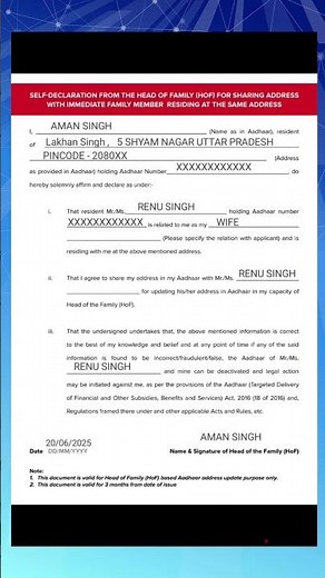 self declaration form for Aadhar card address change Aadhar self declaration form #shorts