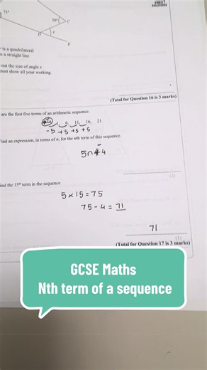 GCSE Maths - Nth term of a sequence 1) Find the difference between each terms. 5, write it as 5n 2) Next find the term before the first term, zero term, 1-5=-4 Answer 5n-4 #learnontiktok #gcsemaths #mathematics #gcsehelp #revise