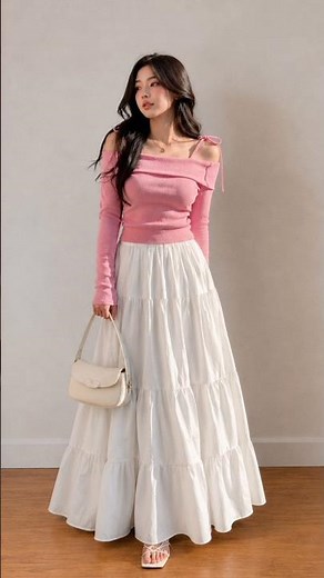 Elegant Pink Off-Shoulder Top with White Tiered Maxi Skirt | Feminine Chic Outfit #ootd #FashionEdit