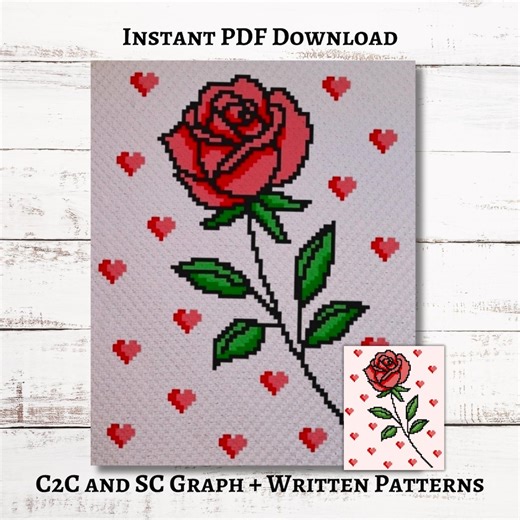 Single Rose Graph, Crochet Pattern, C2C and SC Graphgan   Written Instructions Corner-to-corner, PDF Download, Floral Print, Hearts - Etsy