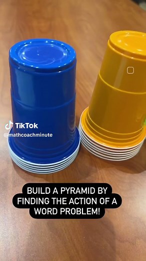 A quick problem solving strategy! In Action Pyramid students take 10 word problems and determine if they are joining ( ), separating (-), joining equal groups (x), separating equal groups (\\) or comparing (-). Each color cup represents each action! When they are finished they build their pyramid! They check their pyramid and if any color is out of place they know they need to@go back and check that problem! #mathcoachminute