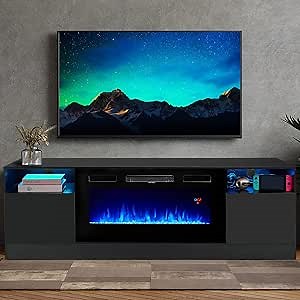 TV Stand with Fireplace, LED Display Entertainment Center，ModernTV Stand for TVs Up to 80 Inch,Black
