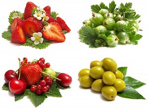 Assortment of fresh fruits including strawberries, gooseberries, cherries, and currants Rare Gallery wallpaper