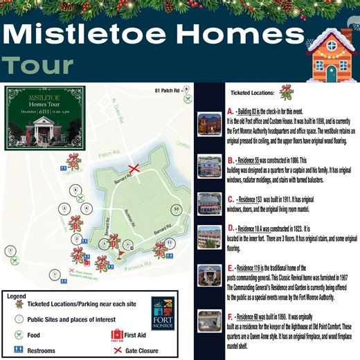 🎄 The Mistletoe Homes Tour is almost here — this Saturday from 11am to 5pm! 🎄 Check out the map for the day (also available at check-in) and plan your route to explore Fort Monroe’s historic homes, meet Santa at the Fort Monroe YMCA, and enjoy plenty of holiday cheer! 🎅🏠 🎟️ Get your tickets here and join us for a magical day! https://www.eventbrite.com/e/fort-monroe-mistletoe-homes-tour-2025-tickets-1777979728229?aff=oddtdtcreator Thank you for the stunning flower arrangements from Jeff's F