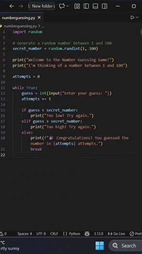 complete number guessing game in python #huntersquad #codewithhunter #unfreezemyacount #viral #save