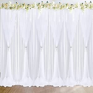 NSSONBEN 30ft x 10ft White Wrinkle Free Tulle Backdrop Curtains for Parties Wedding, 6 Panels Dual Layer Thick Tulle&Polyester Photo Backdrop Drapes for Baby Shower Baptism Bridal Shower Photography