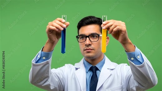 Male scientist looking at two test tube with liquid on green screen chromakey background effect for science project
