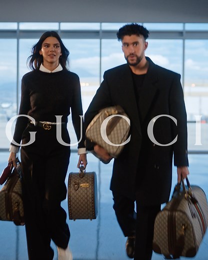 Adventures await. Bad Bunny and Kendall Jenner in the new Gucci Valigeria campaign featuring the heritage-infused Gucci Savoy collection. | Gucci