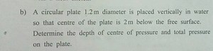 b) A circular plate 1.2 m diameter is placed vertically in wate... | Filo