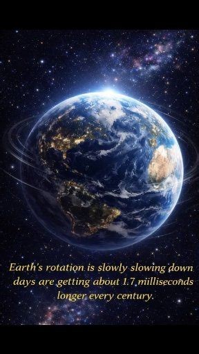😯👉Earth is gradually rotating more slowly as time passes. About every 100 years, the length of a day increases by roughly 1.7 milliseconds. This change is extremely small — far too tiny for us to notice — but scientists can measure it. The main cause is the Moon’s gravitational pull. The Moon creates ocean tides on Earth, and the movement of these tides produces a slight friction that gently slows the planet’s spin. Because of this process: 🌍 Earth’s rotation gradually slows down 🌙 The Moon 