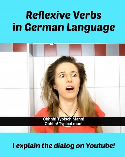 Anja Winter on Instagram: "How we use reflexive verbs in German 🇩🇪 Auf YouTube erkläre ich euch die reflexiven Verben aus diesem Sketch. HAUSAUFGABE: Schreibe einen lustigen Satz mit einem reflexiven Verb in die Kommentare! 👇 On YouTube I explain the reflexive verbs in this sketch in detail. HOMEWORK: Write a funny sentence with a reflexive word of your choice in the comments! 👇 #learngerman #learngermanwithanja #reflexiveverbs #easygerman #German #germanlanguage"