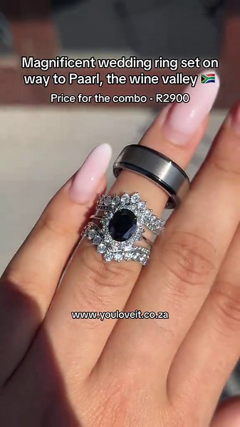 Wedding Ring Set Details Hers: R2400 = Sterling Silver His: R500 = Titanium Engraving on the inside of his ring: R100 Stones: Cubic Zirconia Ring Sizes: We stock a wide range of set ring sizes from I till Z9 All of our rings are available in various ring sizes. If you don’t know your size the best way to correct the letter sizing is at your nearest jewellery store. How to order? For orders please visit our online store www.youloveit.co.za You Love It is based in South Africa only. We courier to 