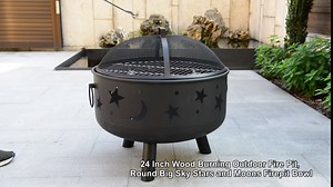 COOS BAY 24 Inch Round Wood Burning Outdoor Fire Pit, Sky Stars and Moons Firepit Bowl with Spark Screen, Cover and Poker