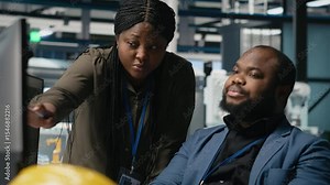 Black team of engineers technicians share ideas in a solar panel factory, reviewing blueprints and sharing ideas to enhance renewable energy production and sustainable innovation. Camera A.