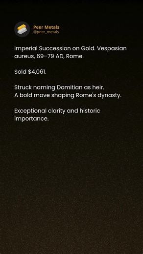 A rare Roman aureus marking Domitian as heir to the throne. Struck during the Flavian dynasty with exceptional detail and historic weight. Few coins capture imperial power like this. Why pay dealer premiums for the same metal? Stack peer-to-peer on PeerMetals. #RomanCoins #AncientCoins #Numismatics #GoldCoins #VespasianAureus