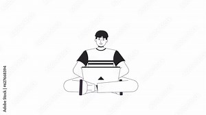 Programmer working bw outline 2D character animation. Tech writing. Online study monochrome linear cartoon 4K video. Gadget man. It developer coding on laptop animated person isolated on white