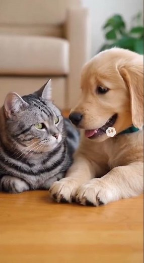 Adorable cat and dog "talking" to each other