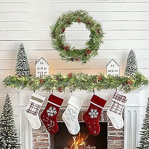 BLOSMON Lighted Christmas Garland for Mantle: 2 Pcs 6.2 Ft Glitter Garland Decorations for Stairs Railing - 12 Light Modes Remote Timer - Red Berries Pine Cones Eucalyptus Garlands for Front Door