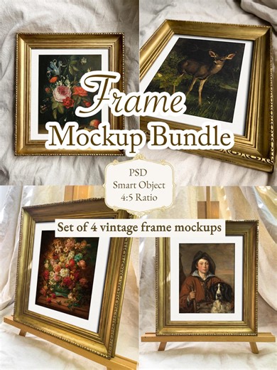Vintage Gold Frame Mockup Bundle, Antique Frame Set With Mat, Vertical 8x10 Mockup Pack, 4:5 Ratio (PSD Smart Object) - Etsy