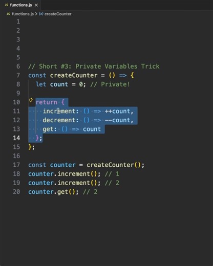 Fullstack Flow on Instagram: "Create PRIVATE variables in JavaScript using closures! 🔒 This technique is used by professional developers in real production code. Learn how to hide data and create true encapsulation in JavaScript! 💡 Why this matters: ✅ Data privacy and security ✅ Prevent accidental modifications ✅ Professional code patterns ✅ Used in libraries and frameworks 🎯 This is a common interview question! 👨‍💻 Follow for more pro JavaScript tips! 💬 Comment what you want to learn next