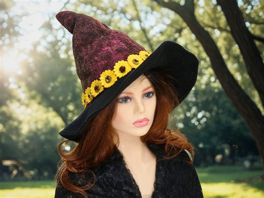 Sunflower Witch Hat, Hand Dyed Felt, Summer Forest, Cosplay Festival, Fancy Druid Wizard Hat, Renfaire Costume, Fall Colors, Wide Wired Brim - Etsy